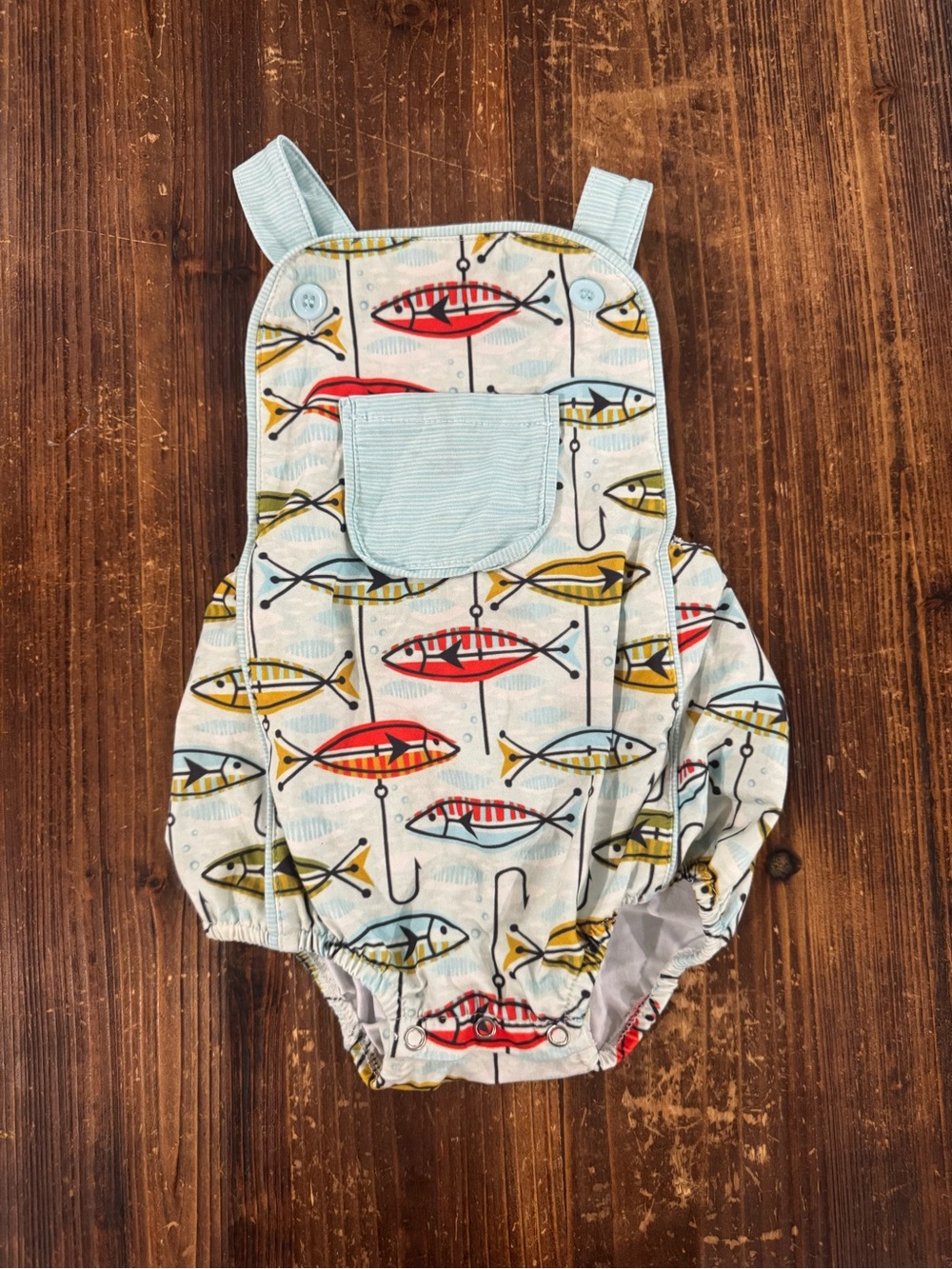 Stitches Fish-Print One-Piece Romper in Light Blue with Red and Yellow Accents